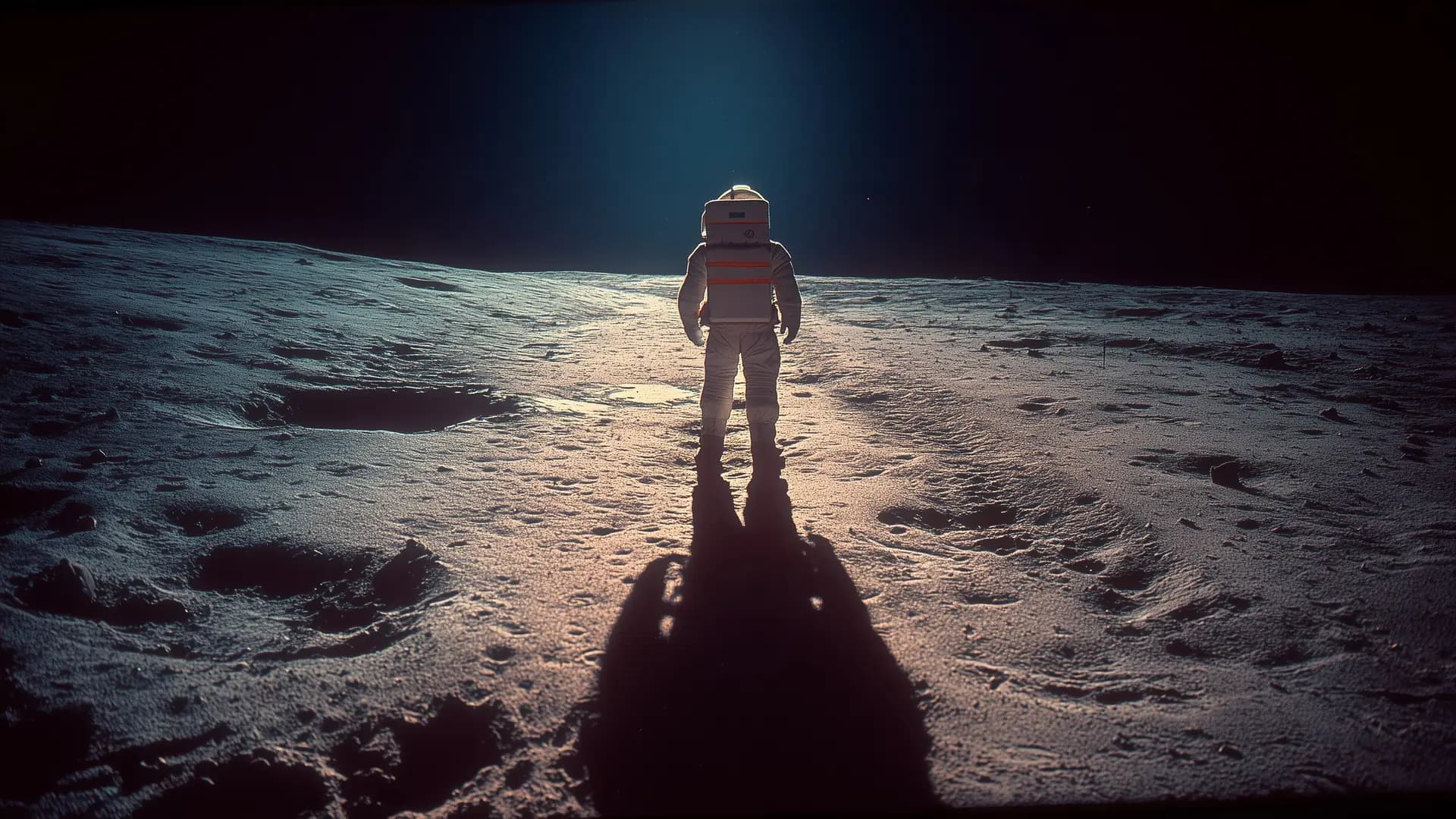 A lone astronaut standing on a vast grey lunar plain, seen from behind, a long shadow in front of him.