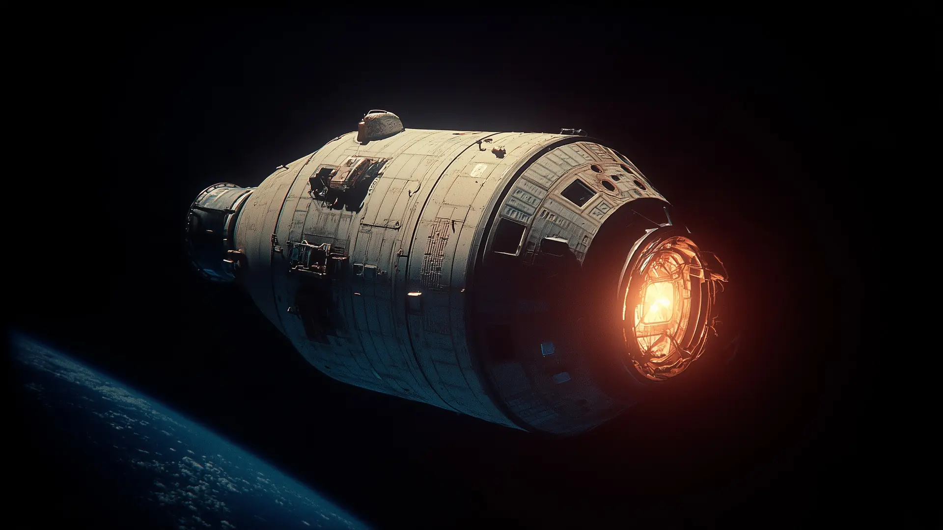 A lone spacecraft drifting in black space, one orange docking light on its hull.
