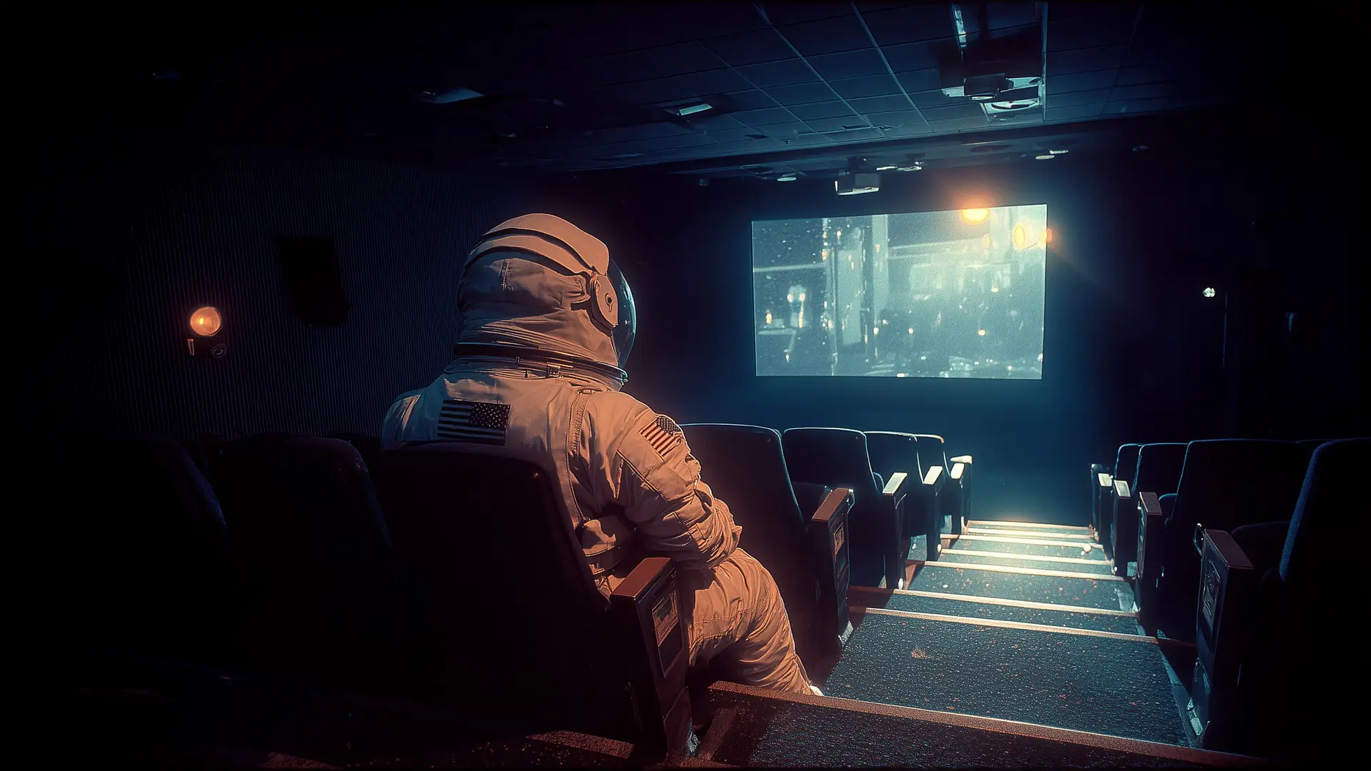 An astronaut in a full spacesuit sitting alone in an empty cinema, watching the screen.