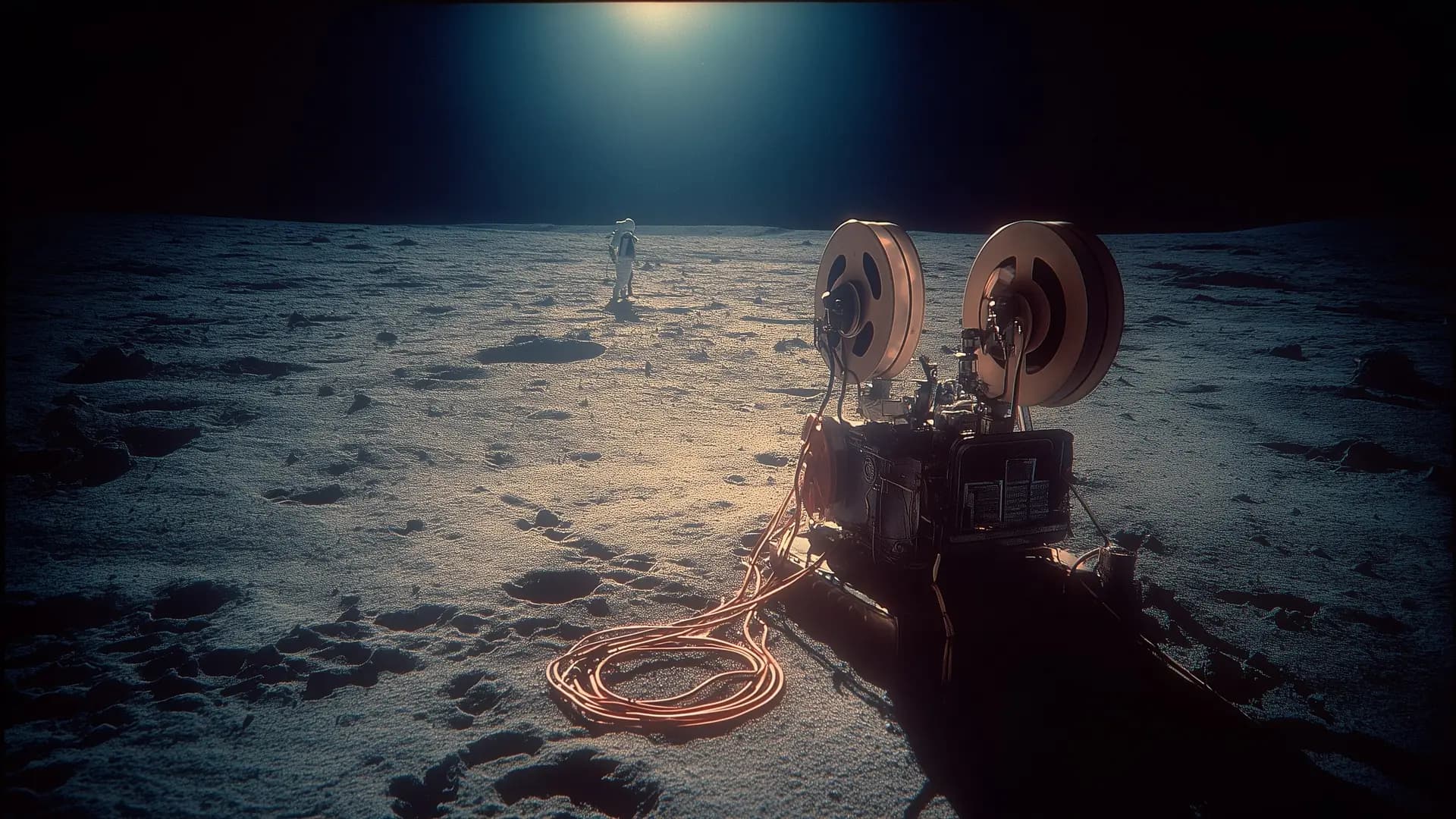 A film editing bench with two reels standing alone on the lunar surface, an orange cable coiled in the dust, a tiny astronaut far behind it.