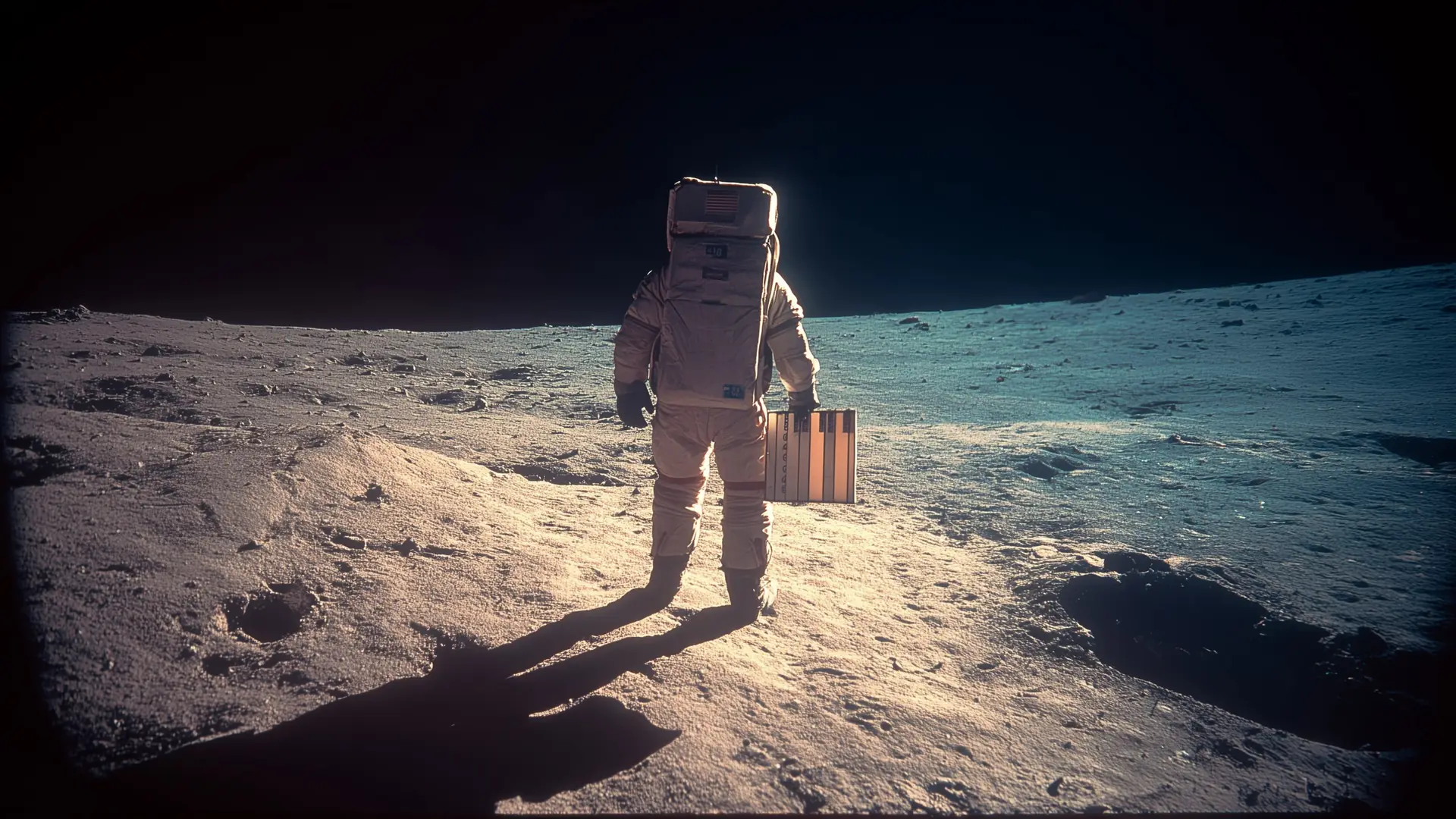 An astronaut on the moon, seen from behind, holding a clapperboard.